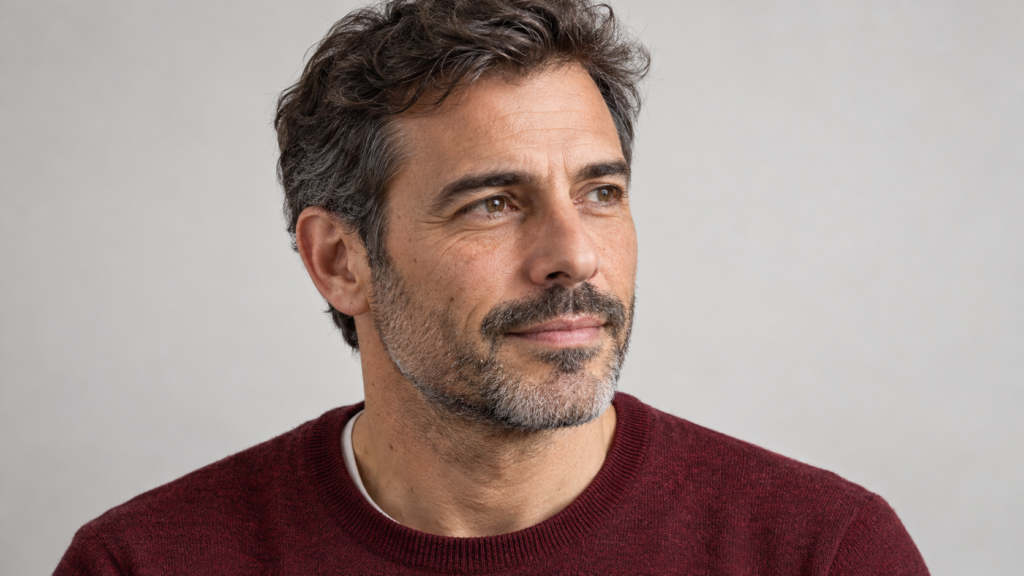 Ilustración de un hombre adulto en tres cuartos, con barba corta y líneas de expresión naturales, sobre fondo gris claro.